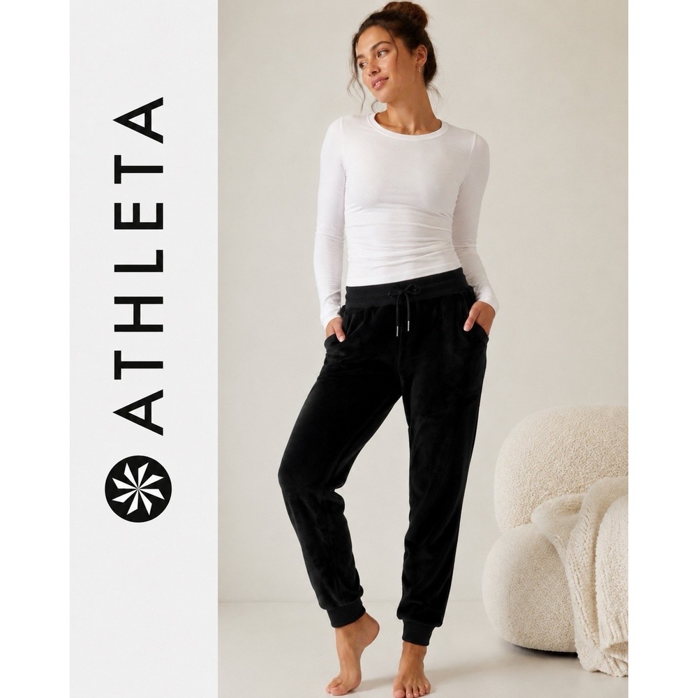 Athleta Recover Cozy Jogger Pants Womens Small Petite Black Plush Lounge Warm